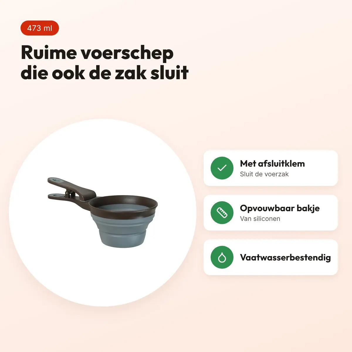Zolux voerschep 2-in-1 met afsluitklem siliconen grijs 473 ml – voordelen