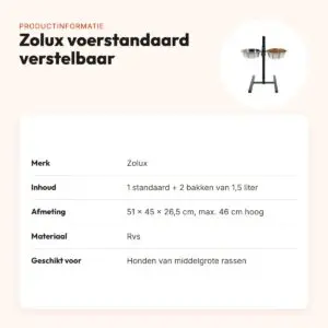 Zolux voerstandaard verstelbaar rvs 2 x 1,5 liter – bakken 21 cm – productinformatie