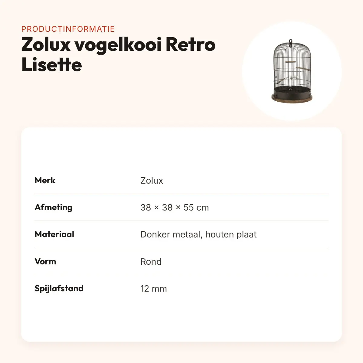 Zolux vogelkooi Retro Lisette 38 x 38 x 55 cm – industrieel, ronde vorm – productinformatie