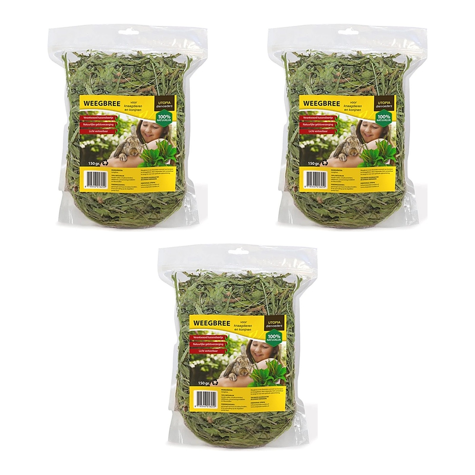 Utopia weegbree konijnenvoer 150 g – ruwe celstof – multipack 3 stuks - Afbeelding 1