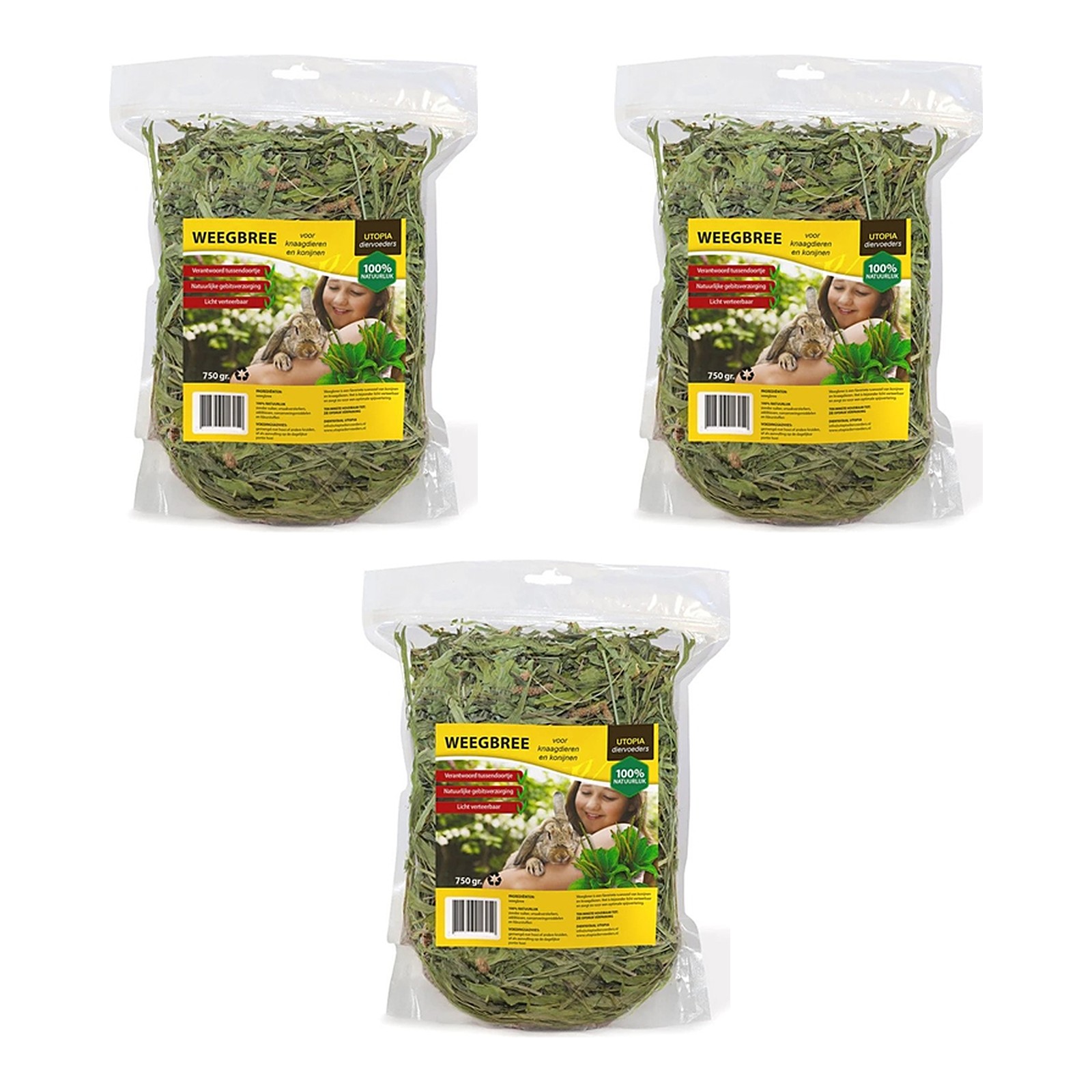 Utopia weegbree 750 g – 3 stuks, snack voor konijnen en knaagdieren (multipack) - Afbeelding 1