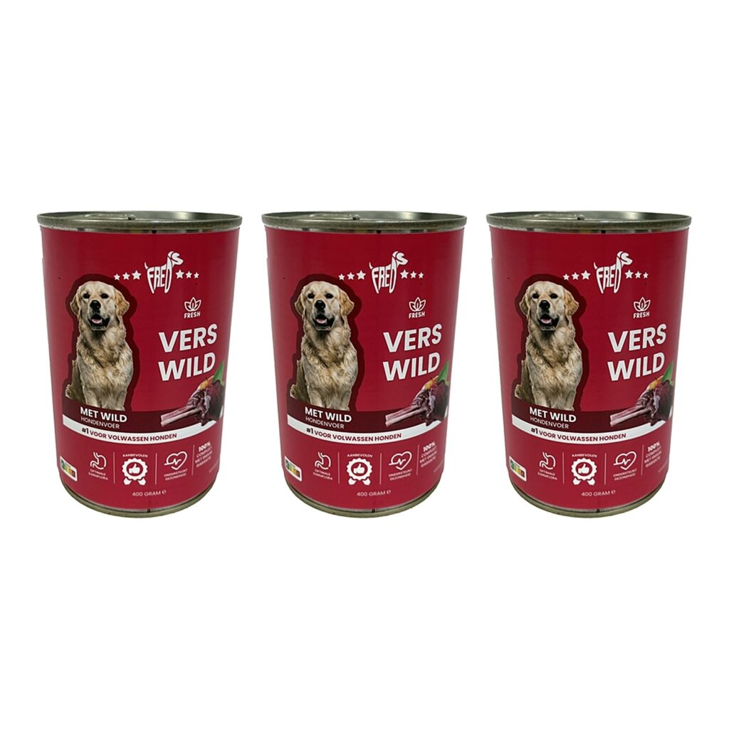 Freds hondenvoer blik vers wild 12 x 400 g – 3 stuks, natvoer (multipack)
