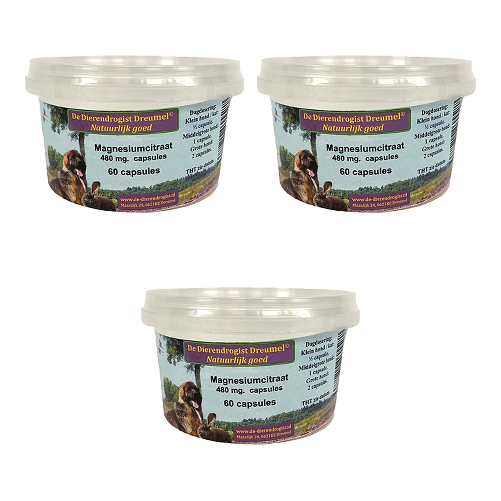 Dierendrogist magnesiumcitraat capsules 480 mg 60 stuks – 3 stuks, hond en kat (multipack) - Afbeelding 1