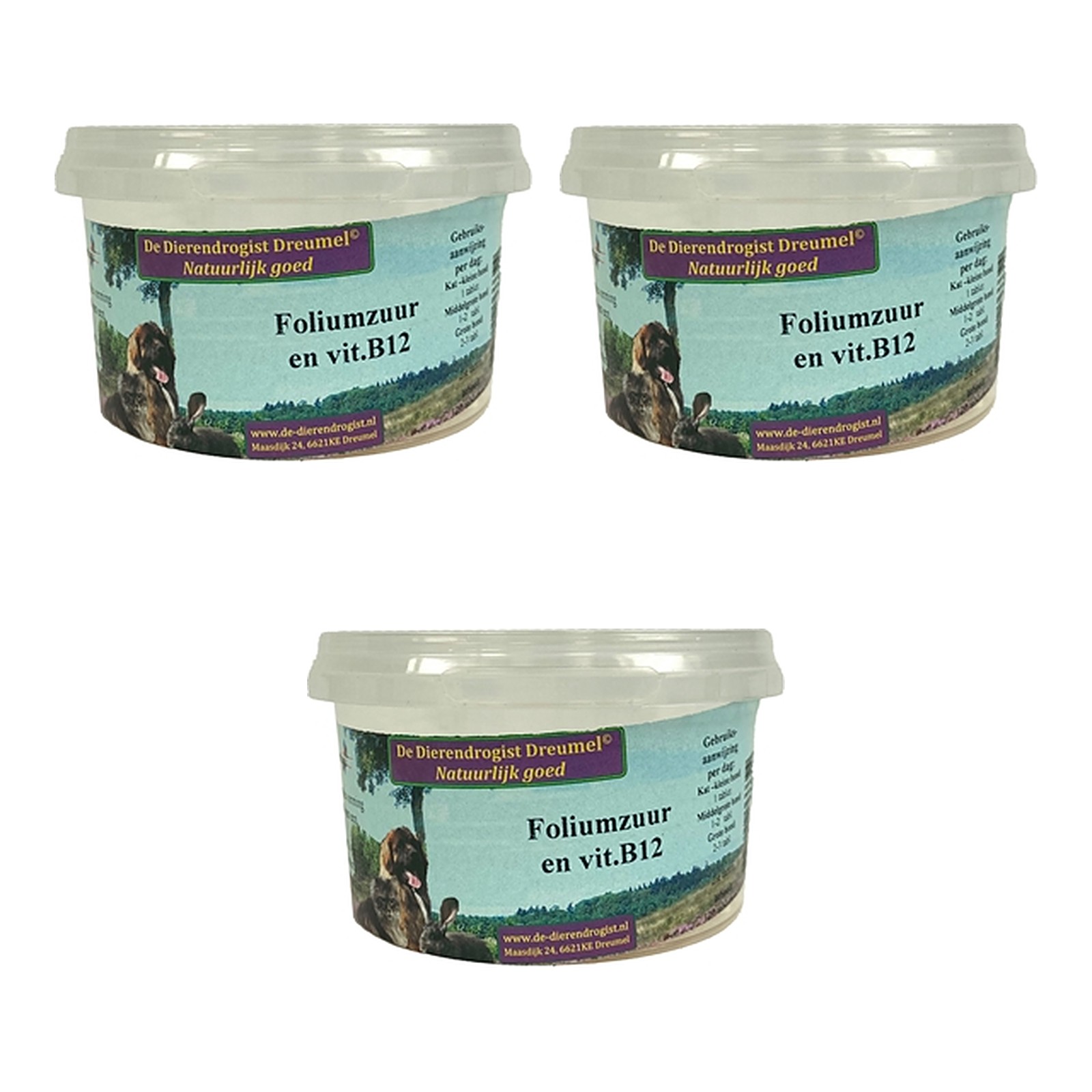 Dierendrogist foliumzuur en vitamine B12 100 tabletten – 3 stuks, hond en kat (multipack) - Afbeelding 1