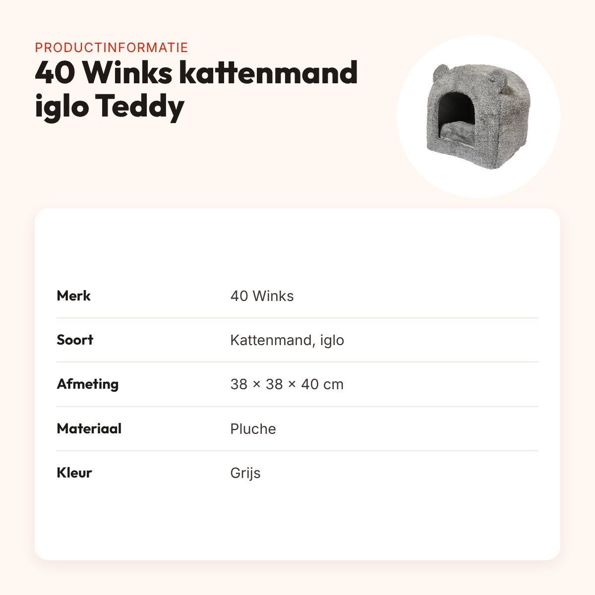 40 Winks kattenmand iglo Teddy grijs 38 x 38 x 40 cm – pluche – productinformatie