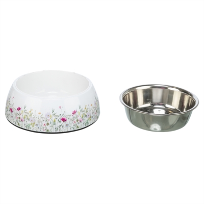 Trixie voerbak/drinkbak bloemmotief rvs wit/meerkleurig 14 x 14 x 4,5 cm