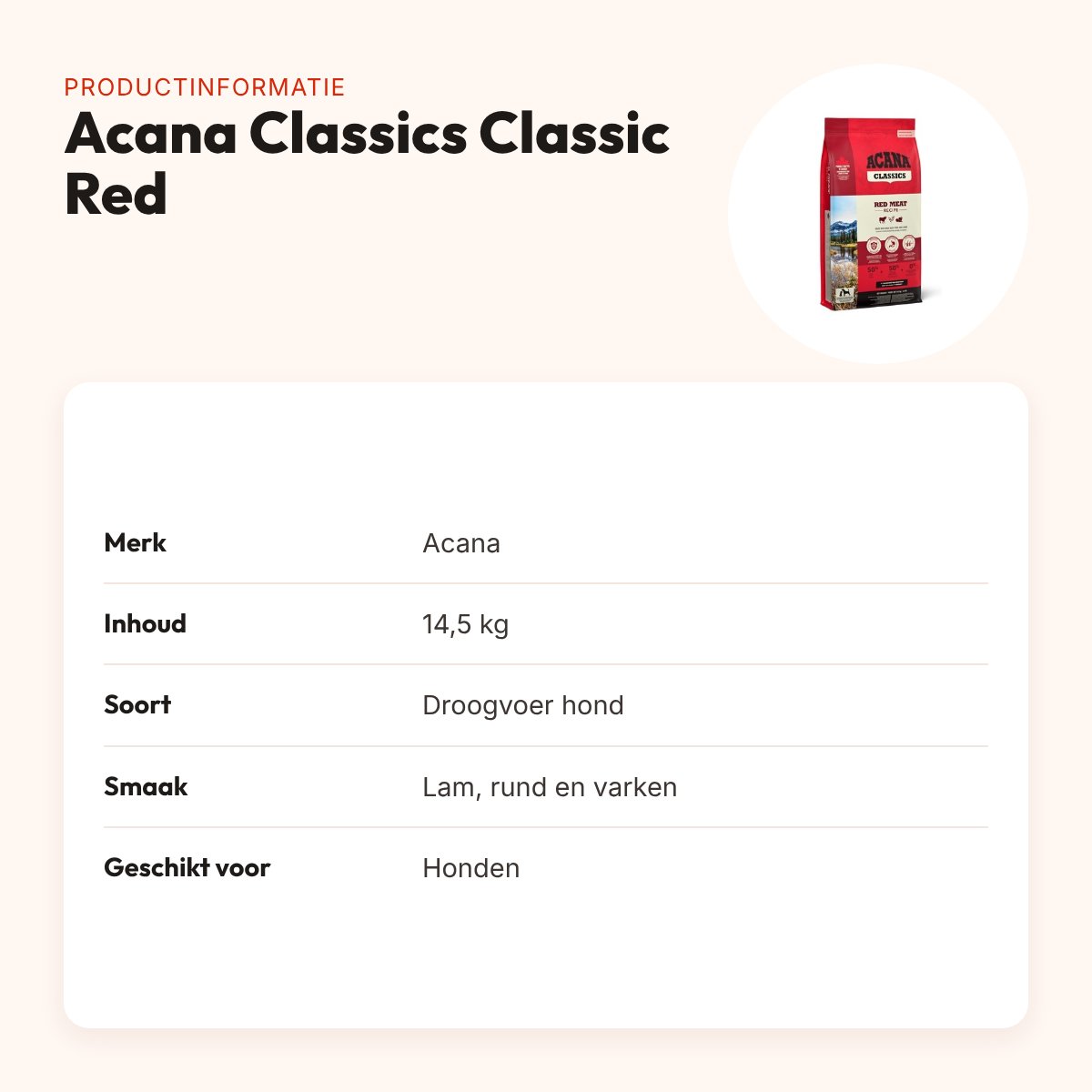 Acana Classics hondenvoer Classic Red 14,5 kg – lam, rund en varken – productinformatie