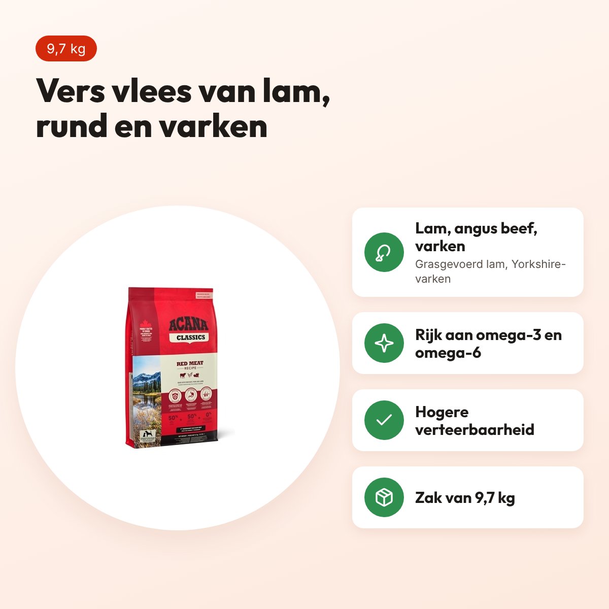 Acana Classics hondenvoer Classic Red 9,7 kg – lam, rund en varken – voordelen