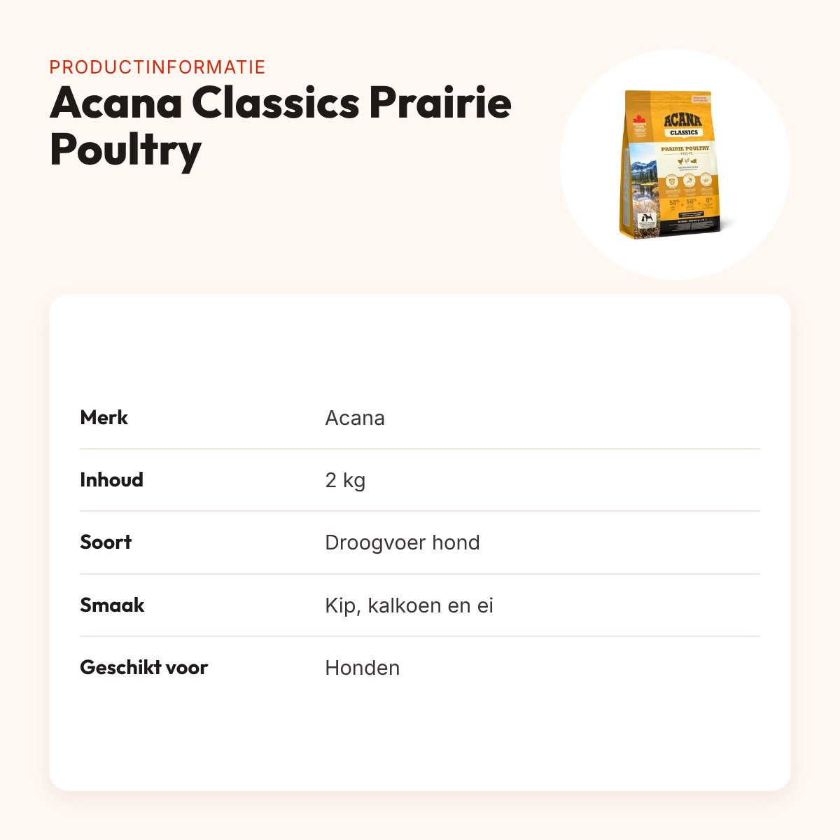 Acana Classics hondenvoer Prairie Poultry 2 kg – kip, kalkoen en ei – productinformatie