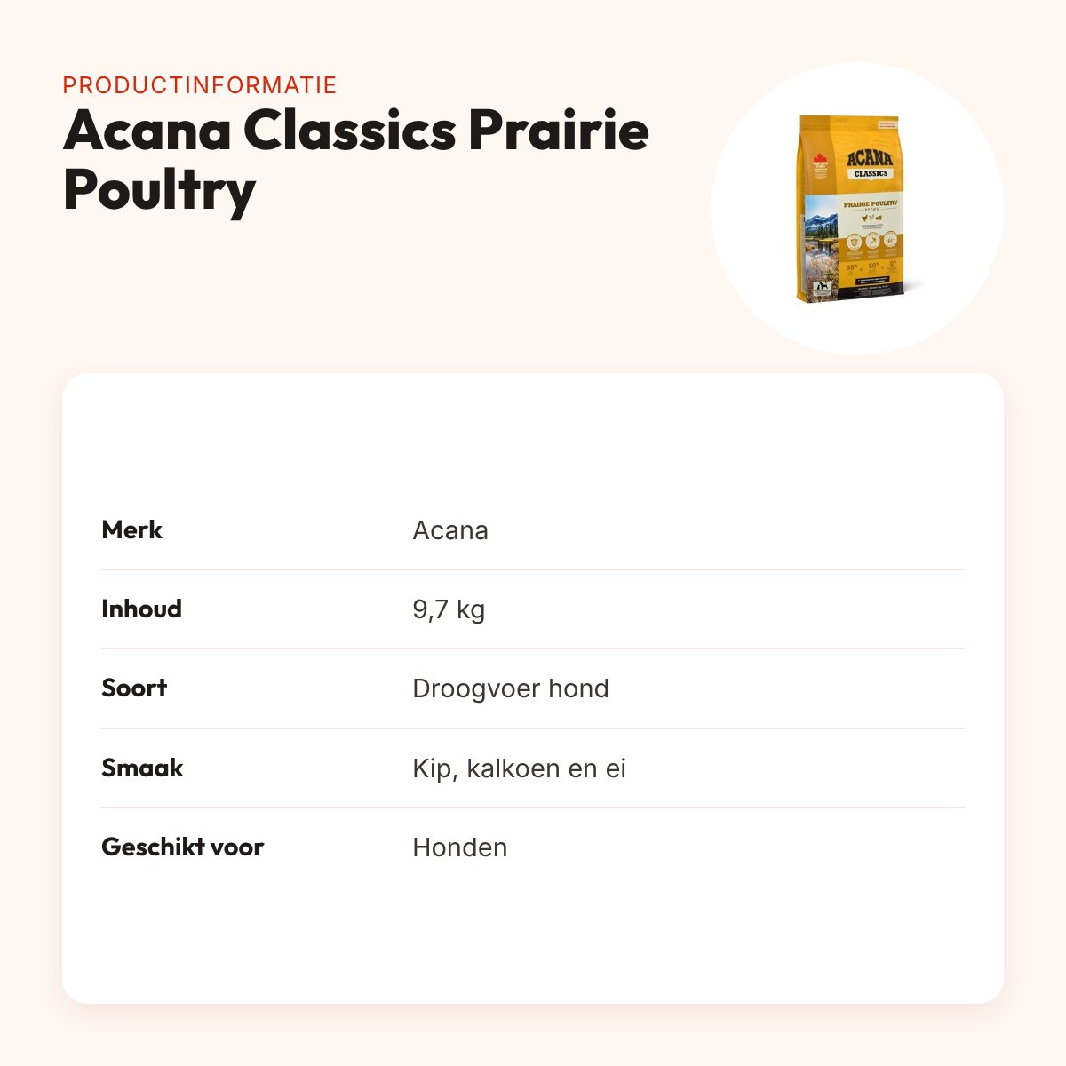 Acana Classics hondenvoer Prairie Poultry 9,7 kg – kip, kalkoen en ei – productinformatie