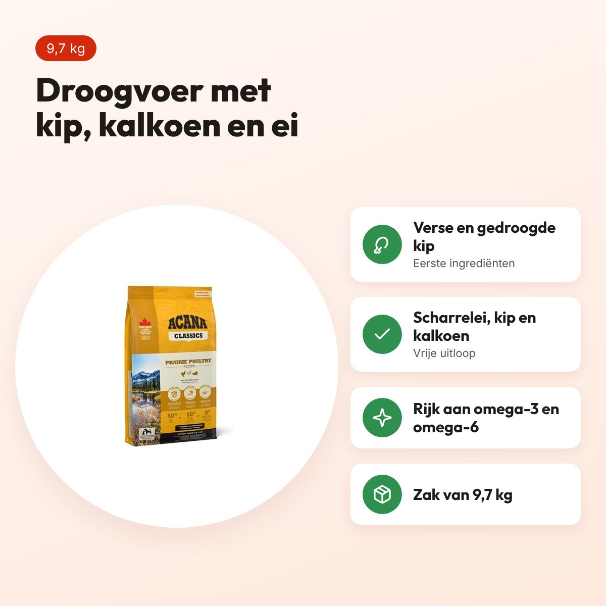 Acana Classics hondenvoer Prairie Poultry 9,7 kg – kip, kalkoen en ei – voordelen