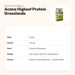 Acana Highest Protein hondenvoer Grasslands 11,4 kg – graanvrij – productinformatie