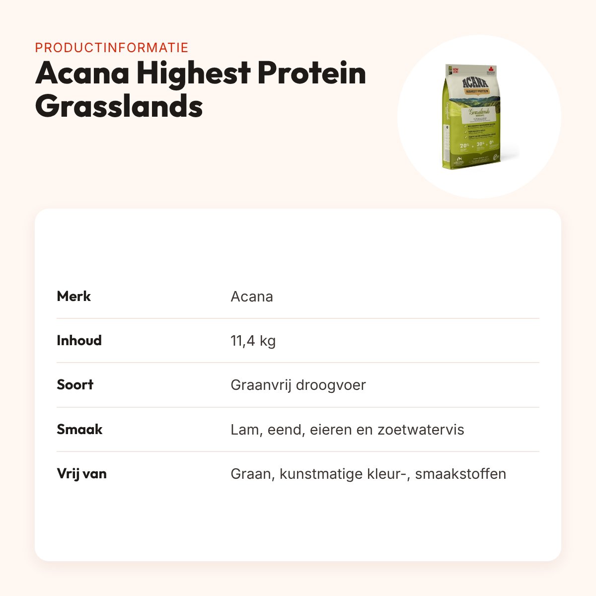 Acana Highest Protein hondenvoer Grasslands 11,4 kg – graanvrij – productinformatie