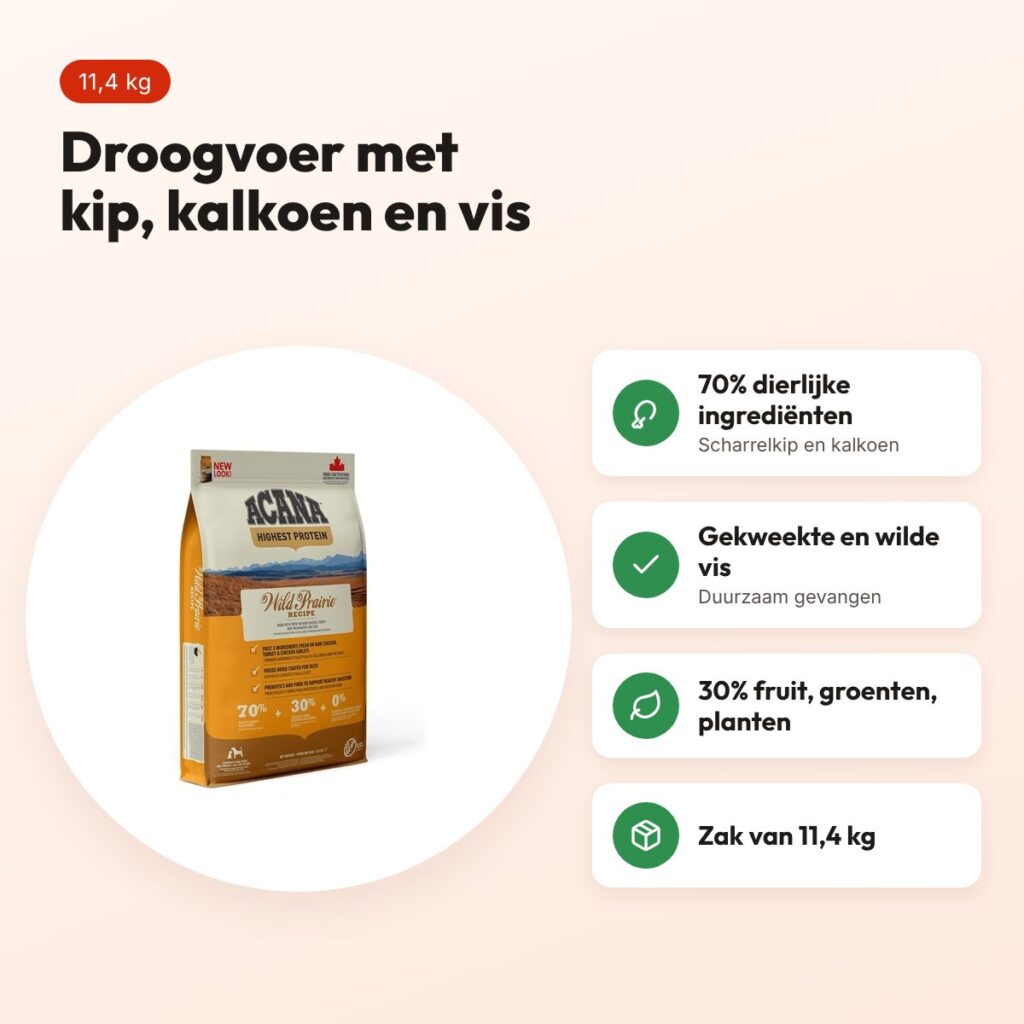 Acana Highest Protein hondenvoer Wild Prairie 11,4 kg – kip en kalkoen – voordelen