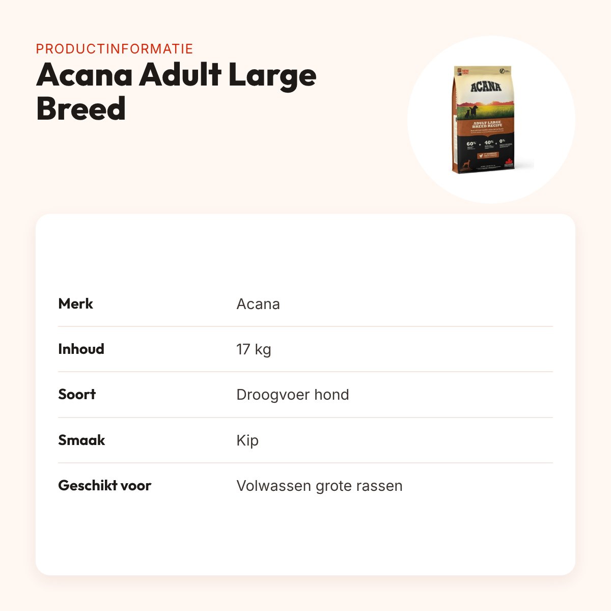 Acana hondenvoer Adult Large Breed 17 kg – kip, grote rassen – productinformatie