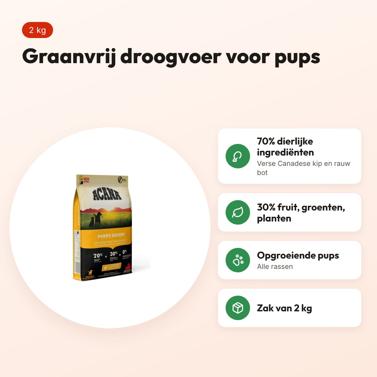 Acana hondenvoer Puppy 2 kg – kip, graanvrij, voor pups van alle rassen – voordelen