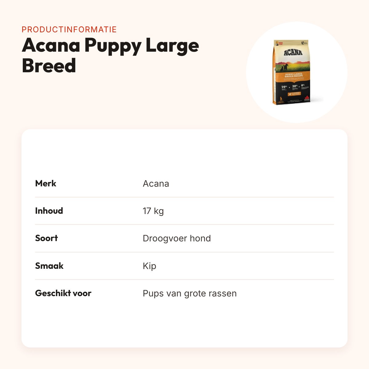 Acana hondenvoer Puppy Large Breed 17 kg – kip, grote rassen – productinformatie