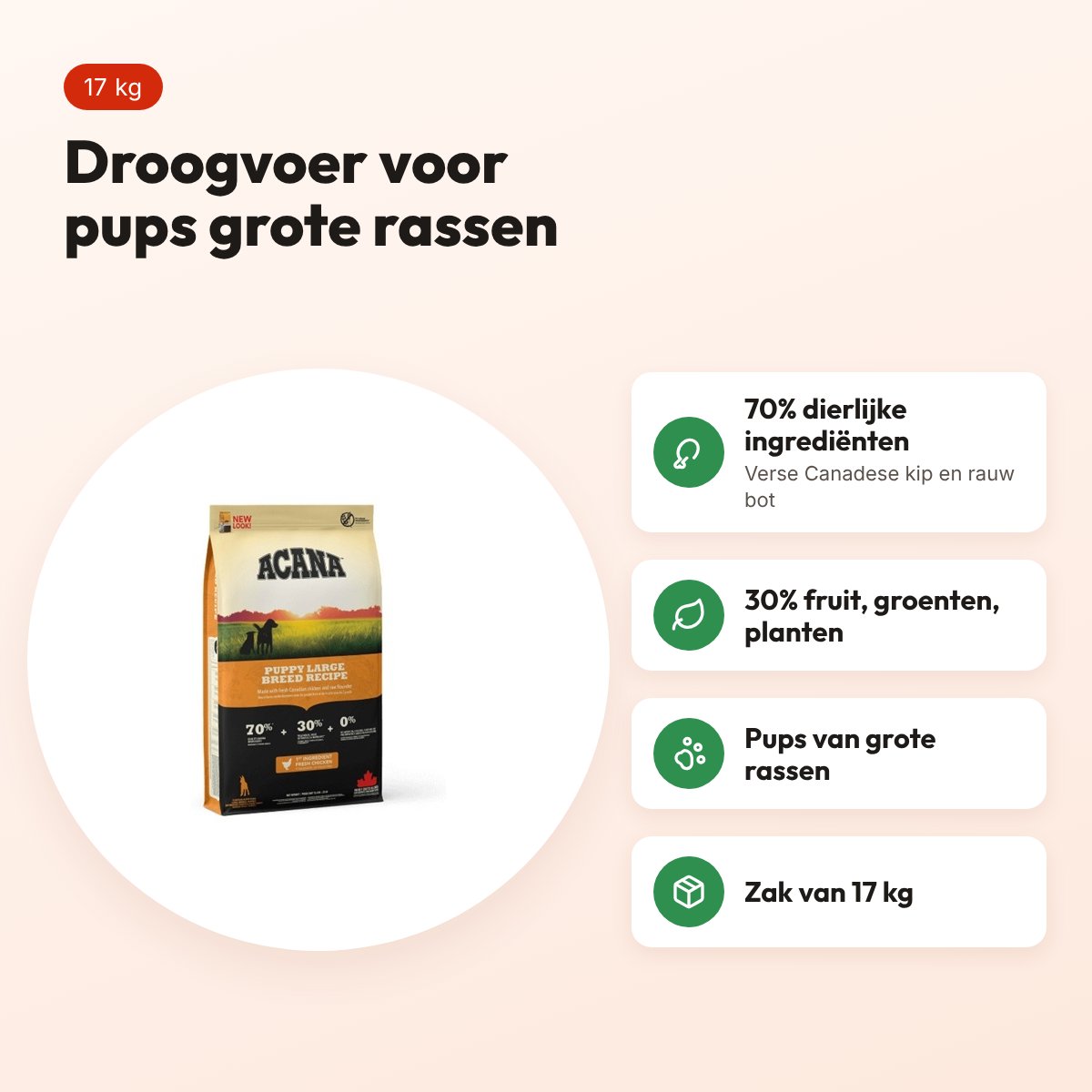 Acana hondenvoer Puppy Large Breed 17 kg – kip, grote rassen – voordelen