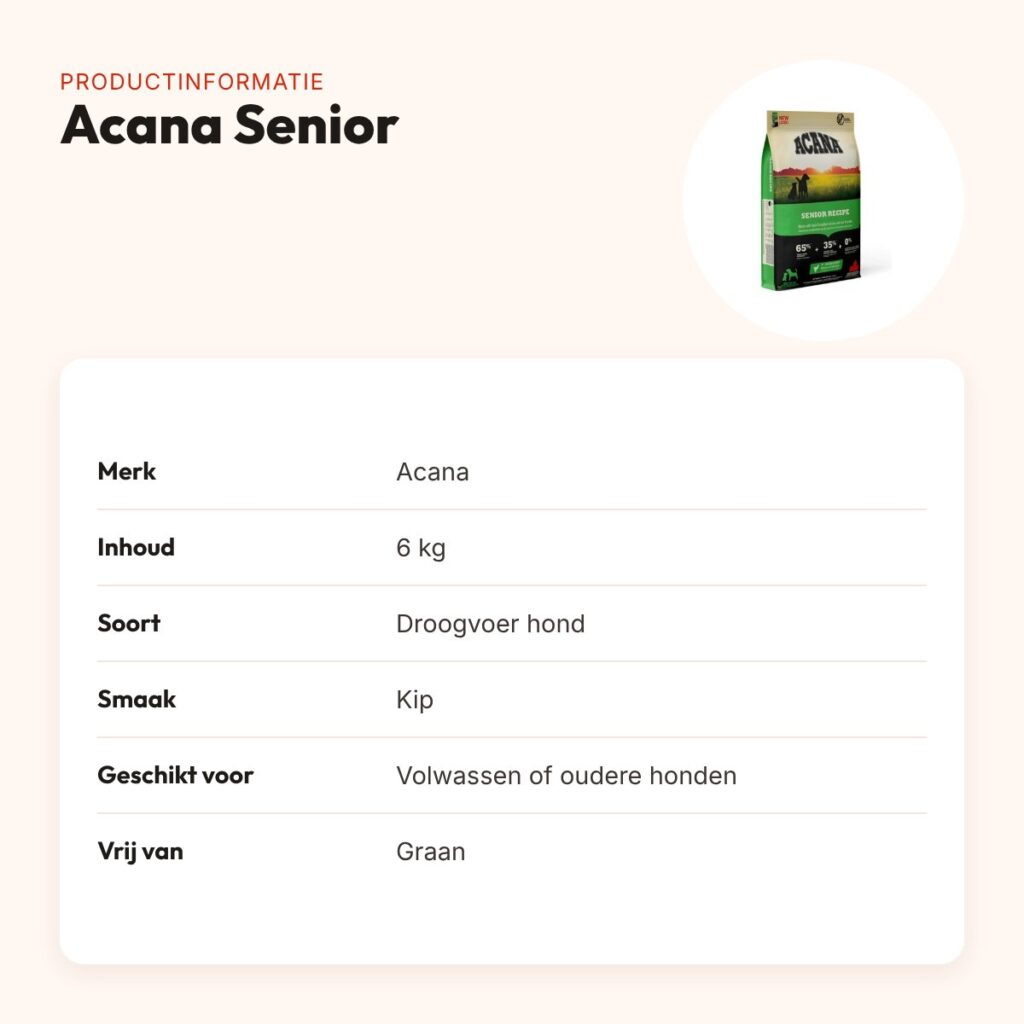 Acana hondenvoer Senior 6 kg – kip, graanvrij – productinformatie