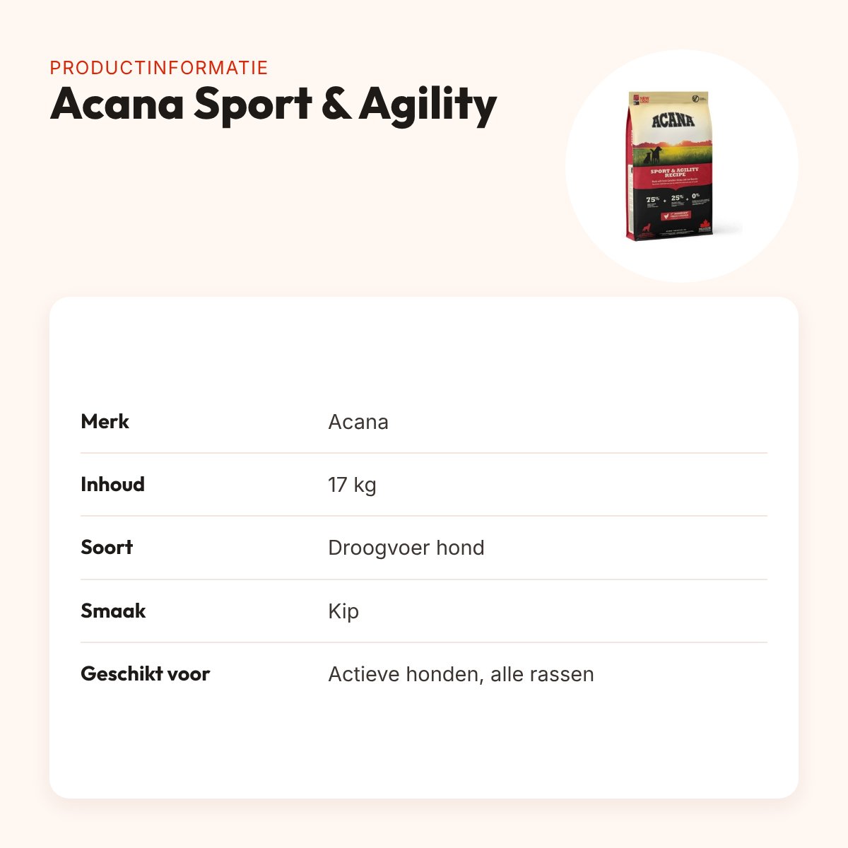 Acana hondenvoer Sport & Agility 17 kg – kip, voor actieve honden – productinformatie