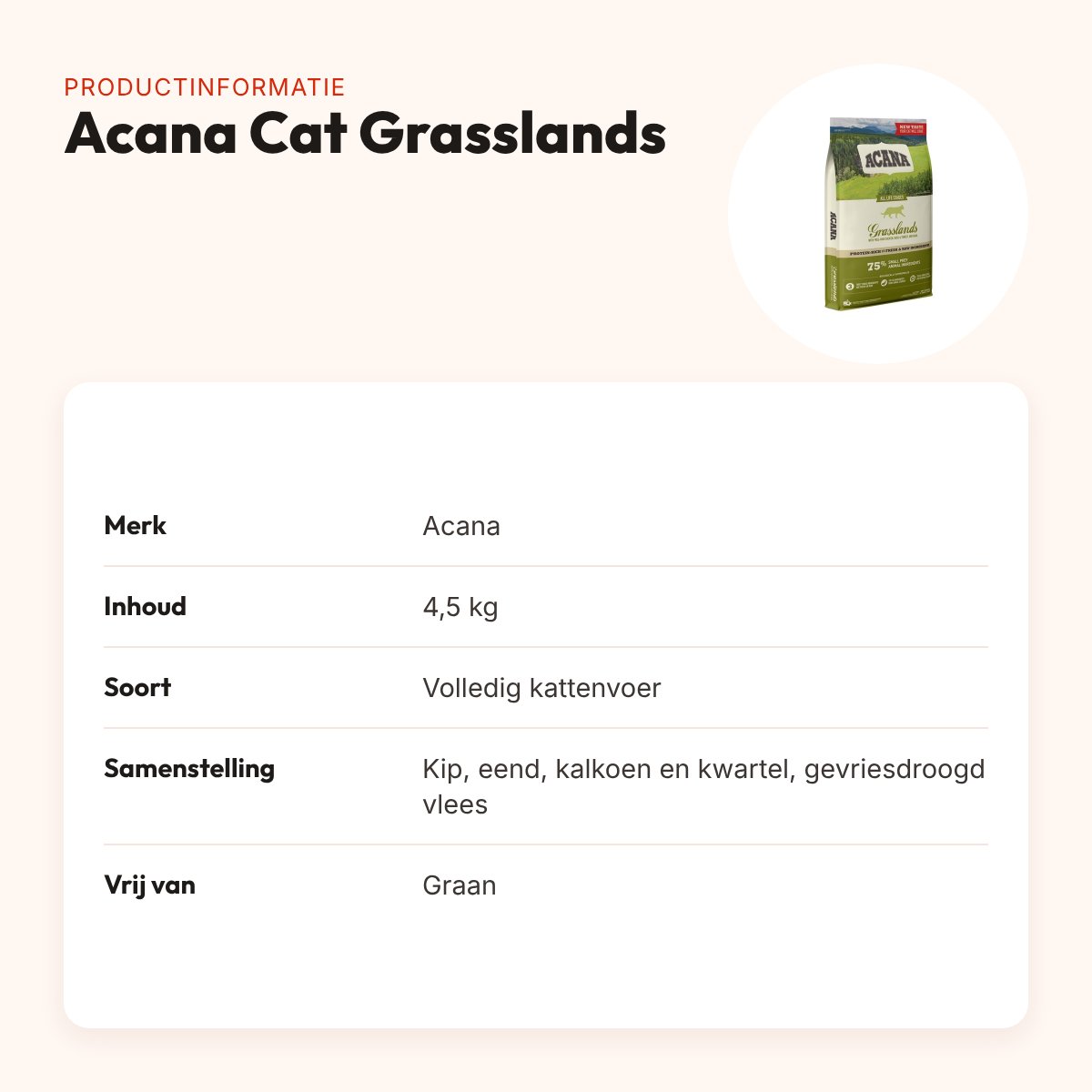 Acana kattenvoer Cat Grasslands 4,5 kg – graanvrij – productinformatie