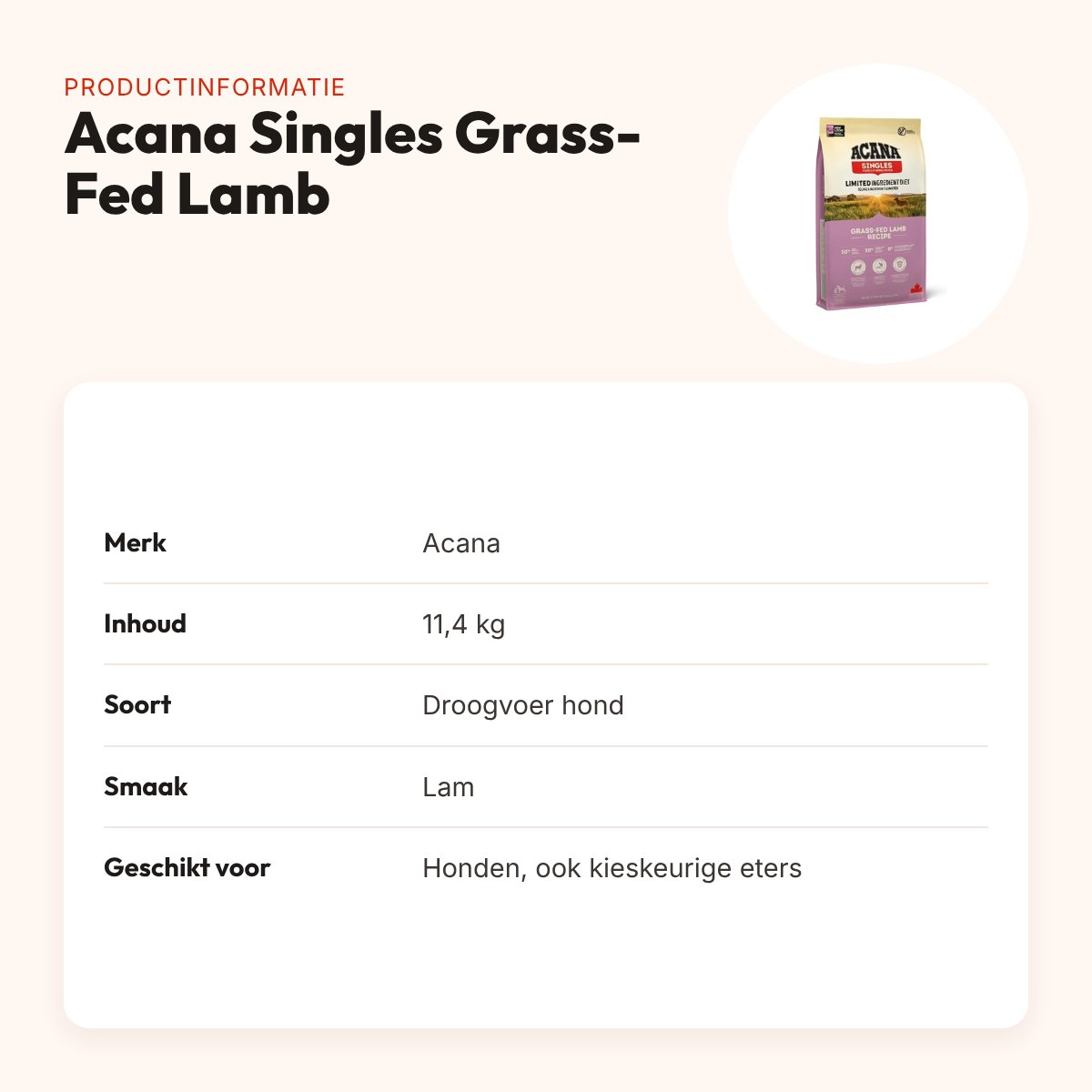 Acana Singles hondenvoer Grass-Fed Lamb 11,4 kg – monoproteïne – productinformatie