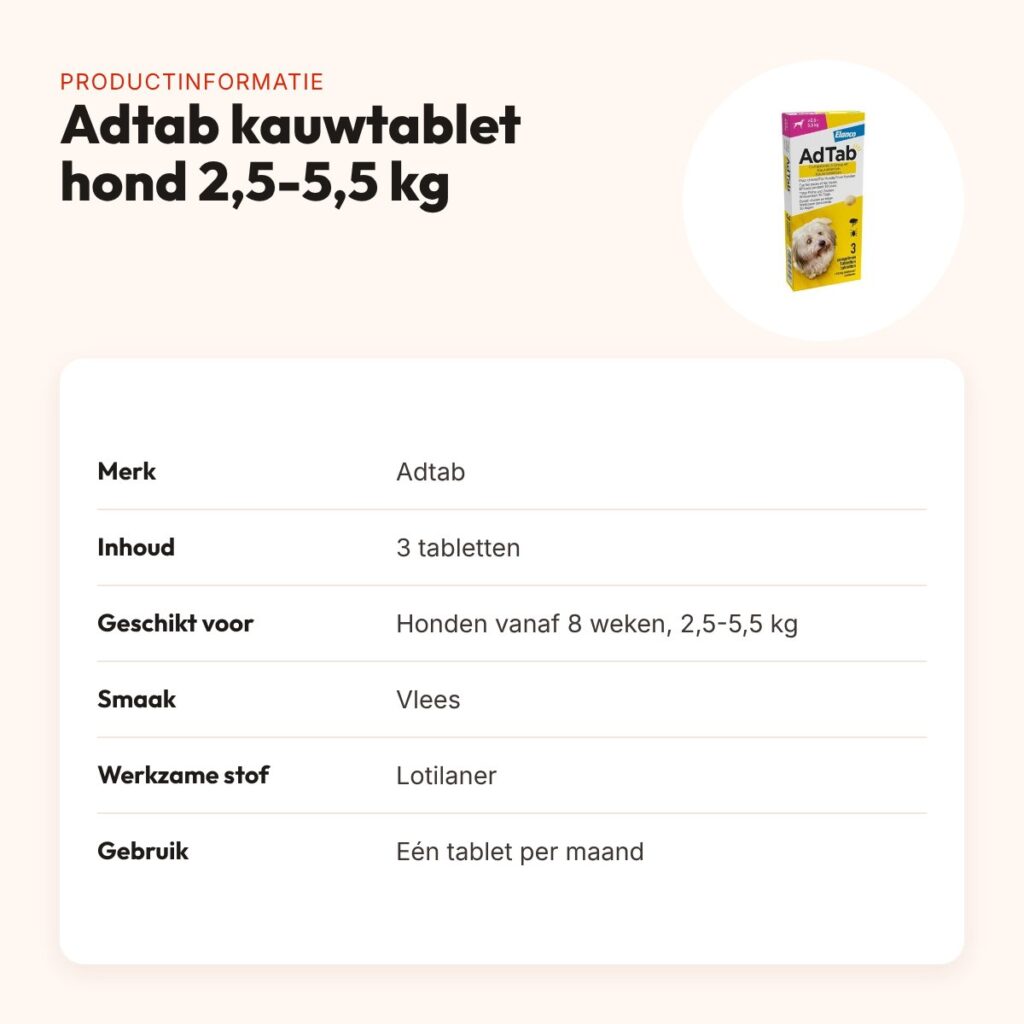 Adtab kauwtablet hond 2,5-5,5 kg vleessmaak – vlooien en teken, 3 tabletten – productinformatie