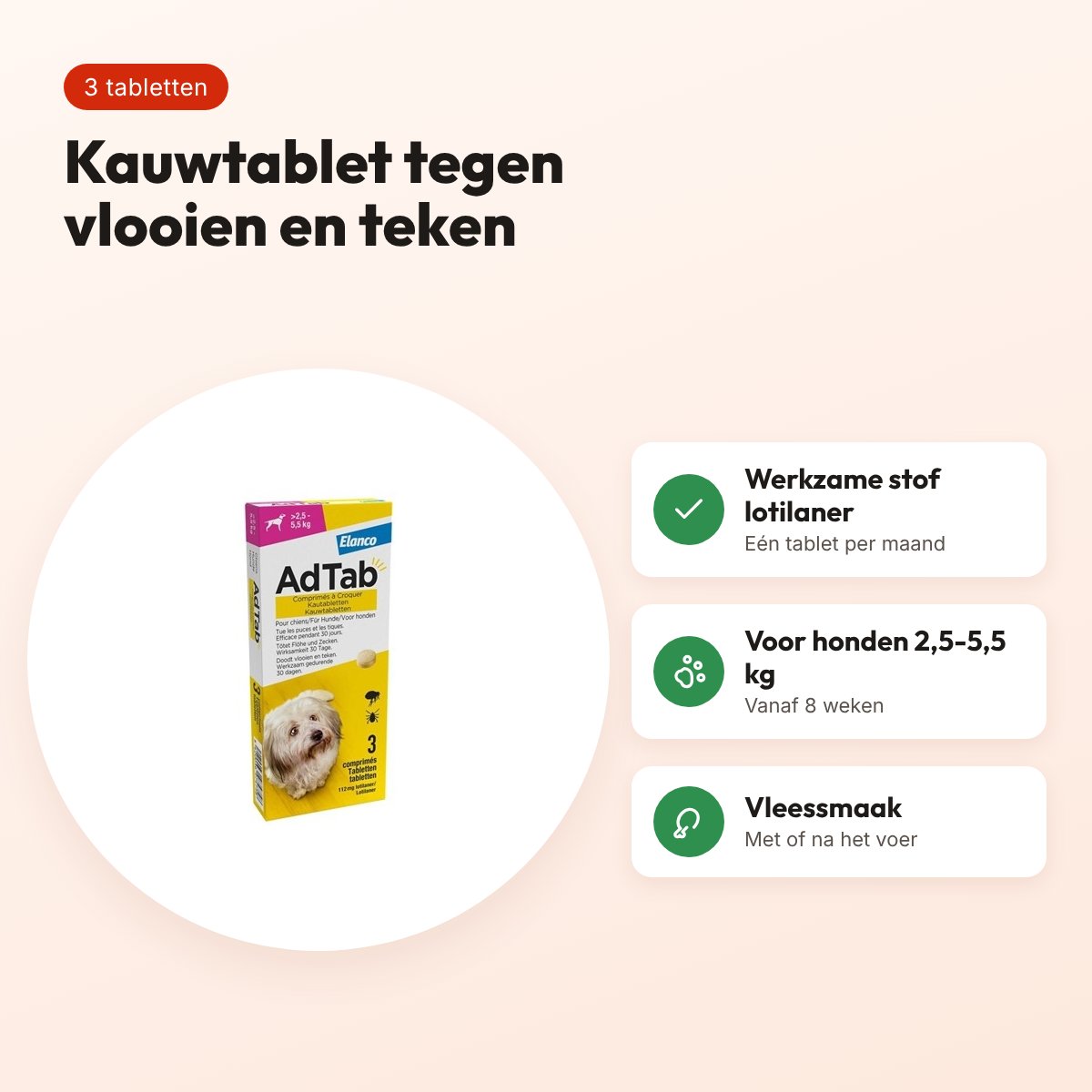 Adtab kauwtablet hond 2,5-5,5 kg vleessmaak – vlooien en teken, 3 tabletten – voordelen