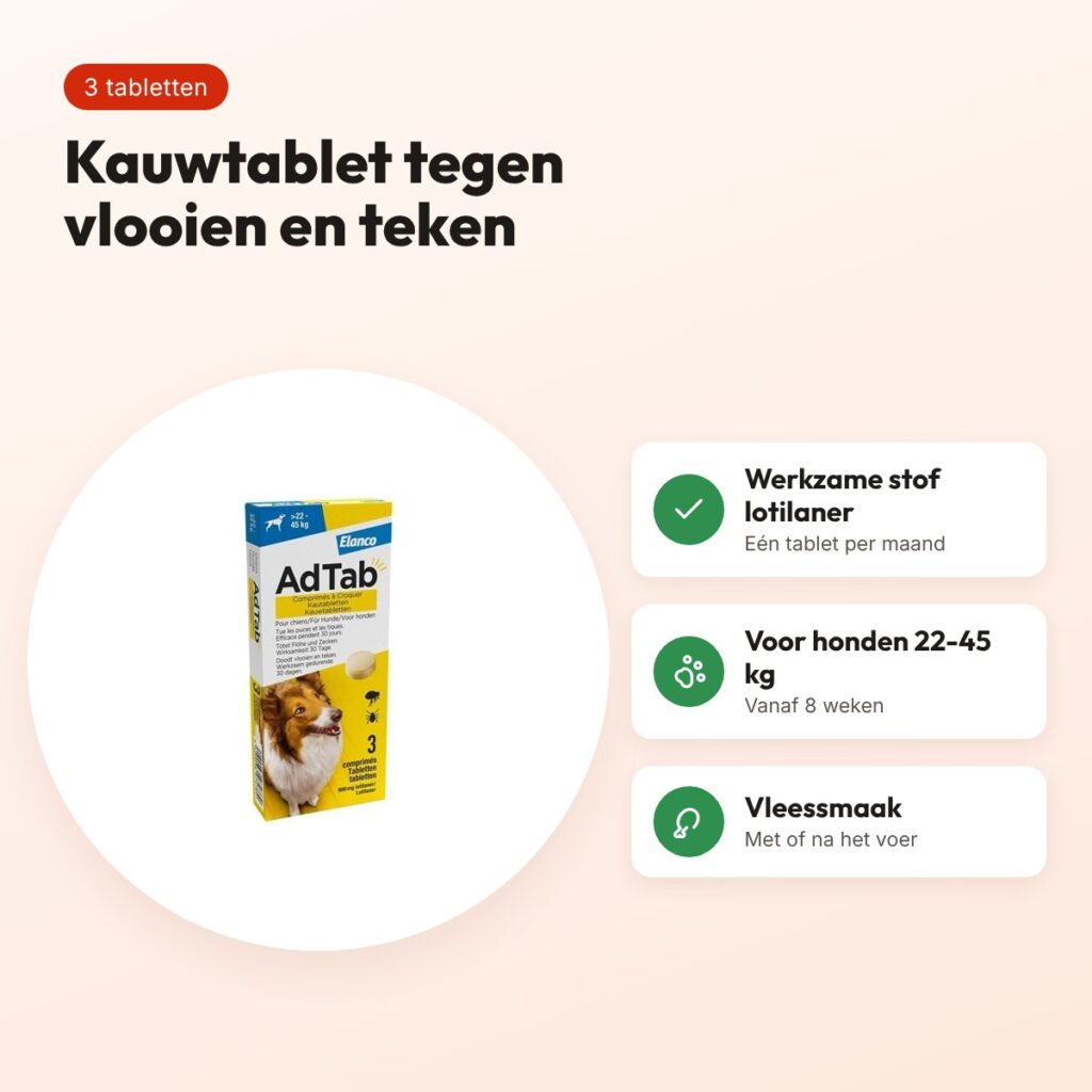 Adtab kauwtablet hond 22-45 kg vleessmaak – vlooien en teken, 3 tabletten – voordelen