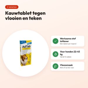 Adtab kauwtablet hond 22-45 kg vleessmaak – vlooien en teken, 3 tabletten – voordelen
