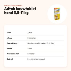 Adtab kauwtablet hond 5,5-11 kg vleessmaak – vlooien en teken, 3 tabletten – productinformatie