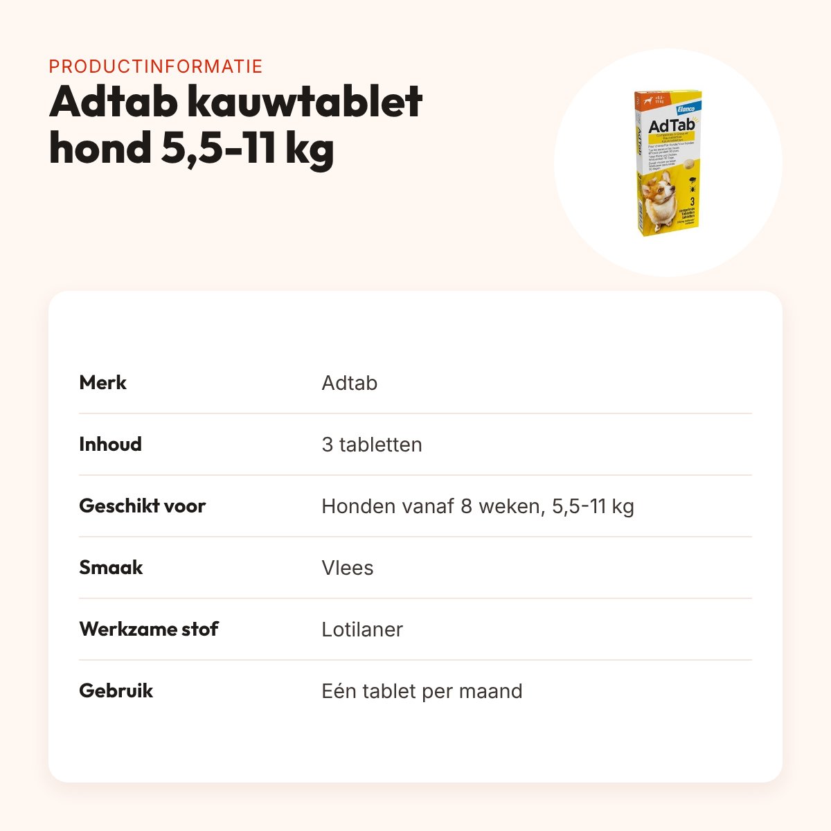 Adtab kauwtablet hond 5,5-11 kg vleessmaak – vlooien en teken, 3 tabletten – productinformatie