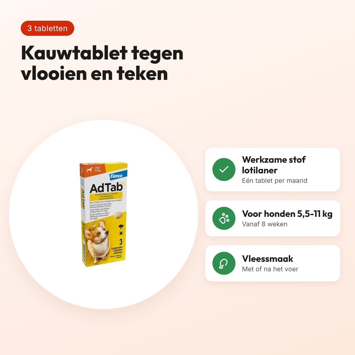Adtab kauwtablet hond 5,5-11 kg vleessmaak – vlooien en teken, 3 tabletten – voordelen