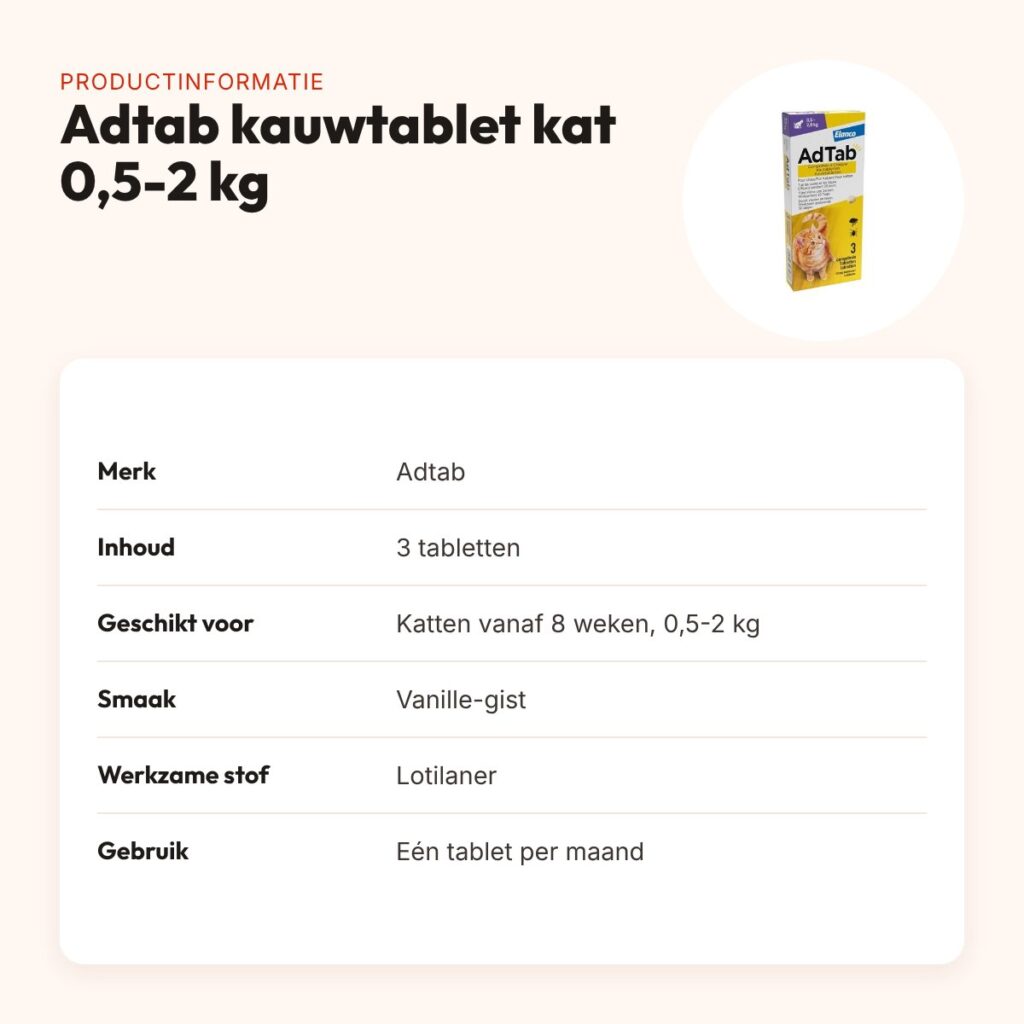 Adtab kauwtablet kat 0,5-2 kg – 3 tabletten tegen vlooien en teken – productinformatie