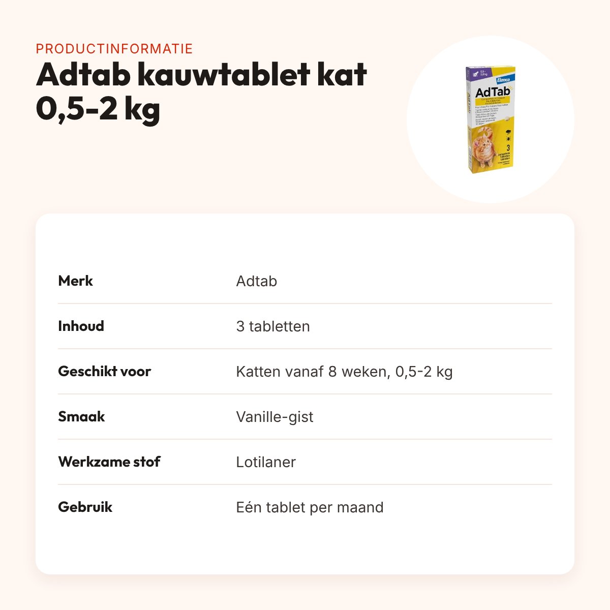 Adtab kauwtablet kat 0,5-2 kg – 3 tabletten tegen vlooien en teken – productinformatie