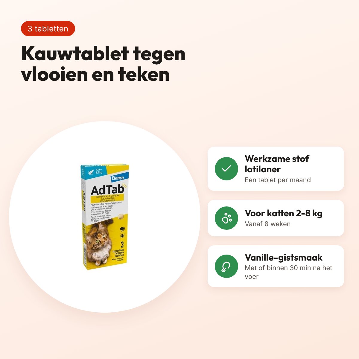 Adtab kauwtablet kat 2-8 kg – 3 tabletten tegen vlooien en teken – voordelen