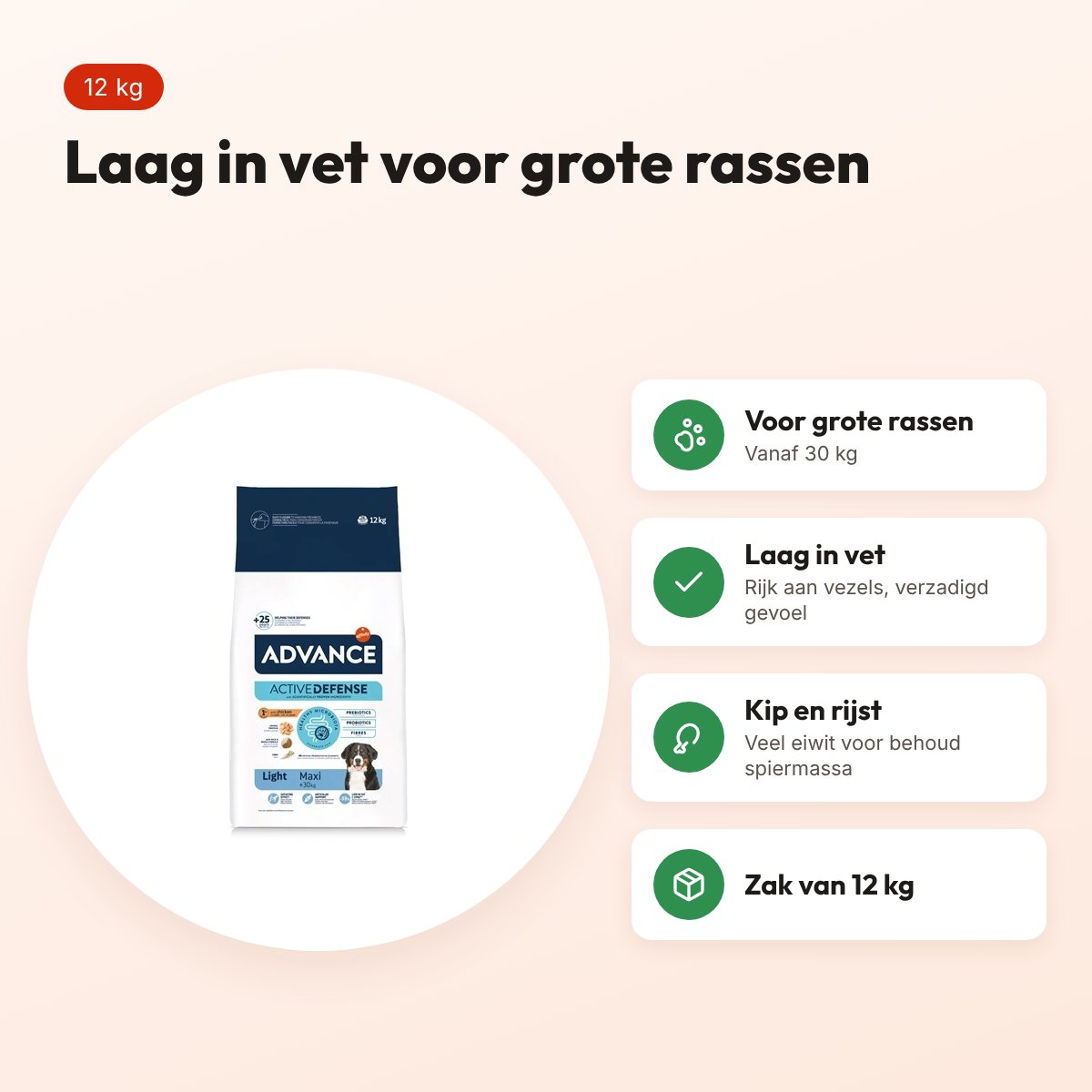 Advance hondenvoer Maxi Light 12 kg – kip en rijst, laag in vet – voordelen