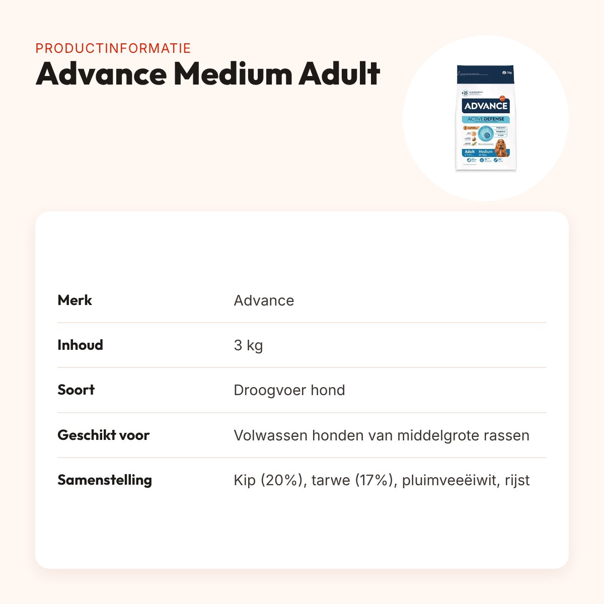 Advance hondenvoer Medium Adult 3 kg – licht verteerbaar, middelgroot – productinformatie