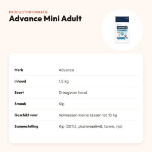 Advance hondenvoer Mini Adult 1,5 kg – kip, kleine rassen tot 10 kg – productinformatie