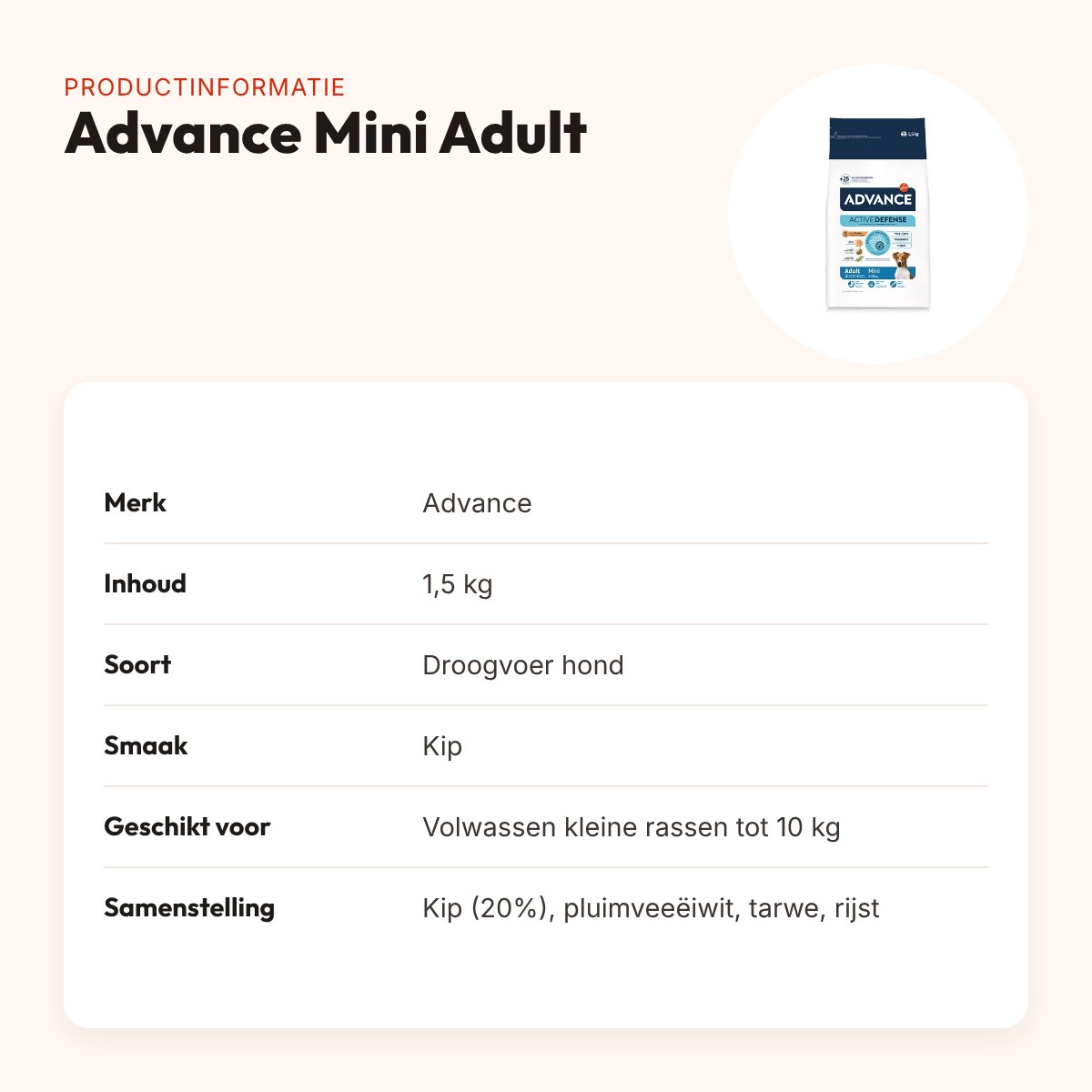 Advance hondenvoer Mini Adult 1,5 kg – kip, kleine rassen tot 10 kg – productinformatie
