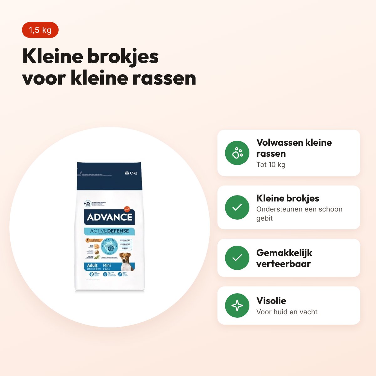 Advance hondenvoer Mini Adult 1,5 kg – kip, kleine rassen tot 10 kg – voordelen