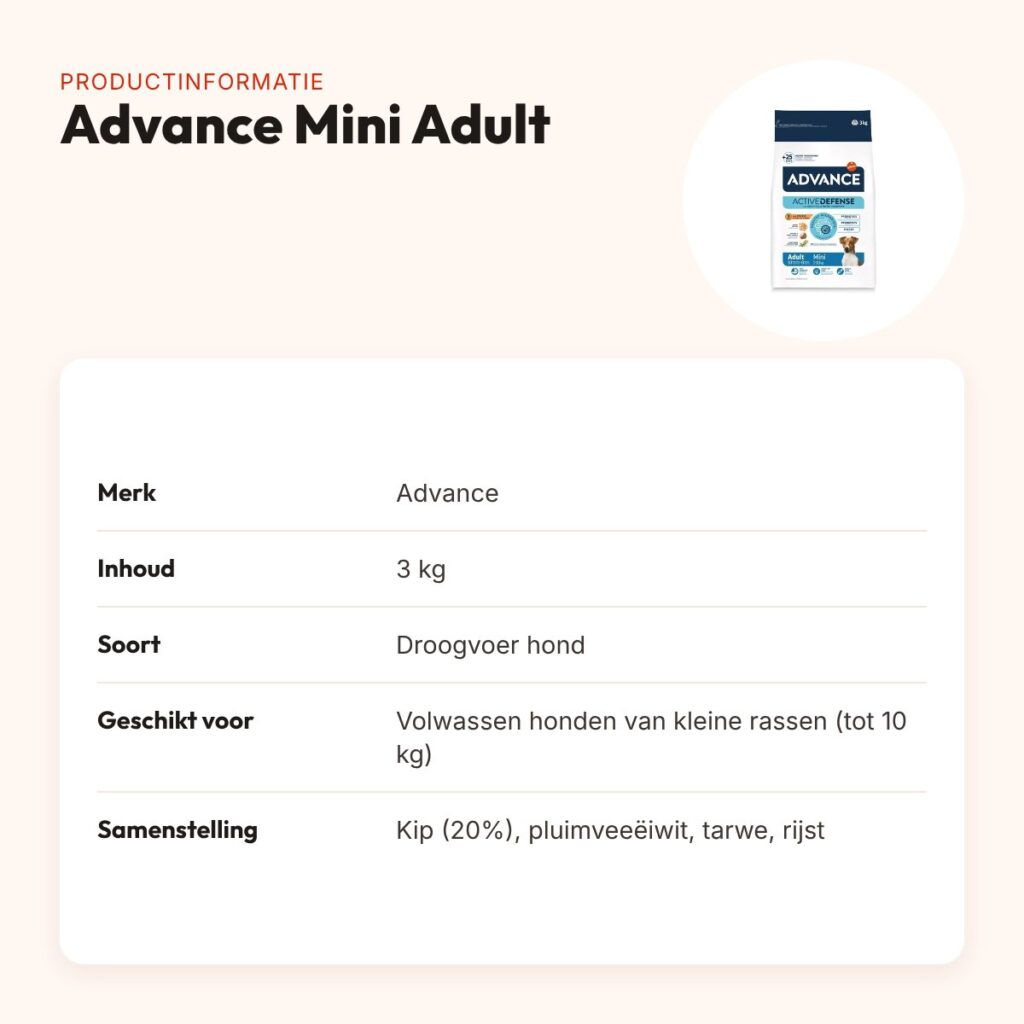 Advance hondenvoer Mini Adult 3 kg – licht verteerbaar, kleine rassen – productinformatie