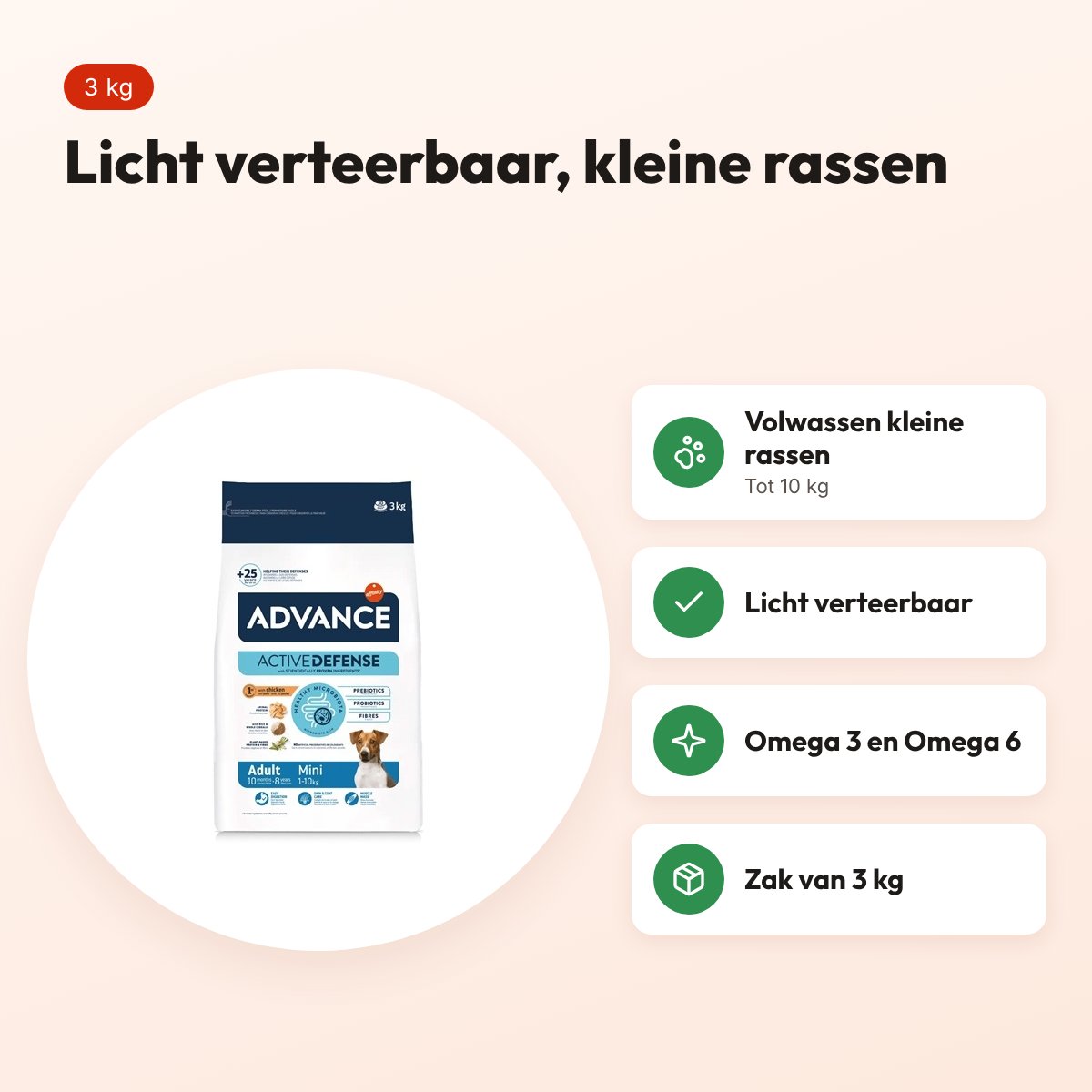 Advance hondenvoer Mini Adult 3 kg – licht verteerbaar, kleine rassen – voordelen
