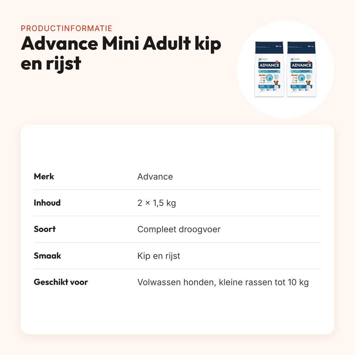Advance hondenvoer Mini Adult kip en rijst 1,5 kg – multipack 2 stuks – productinformatie