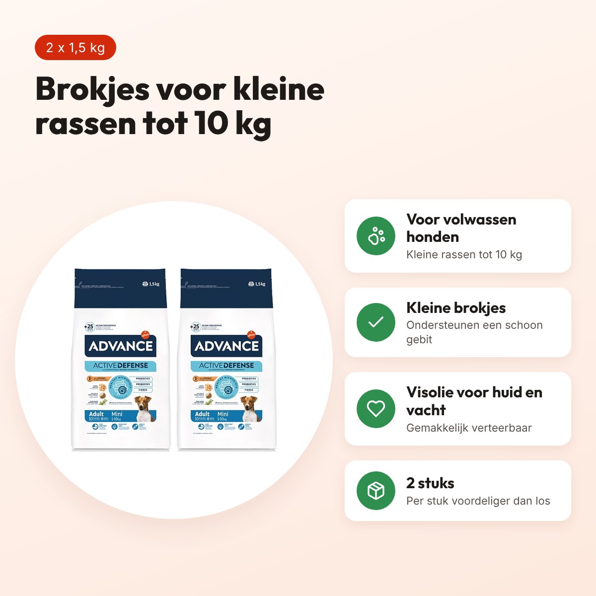 Advance hondenvoer Mini Adult kip en rijst 1,5 kg – multipack 2 stuks – voordelen