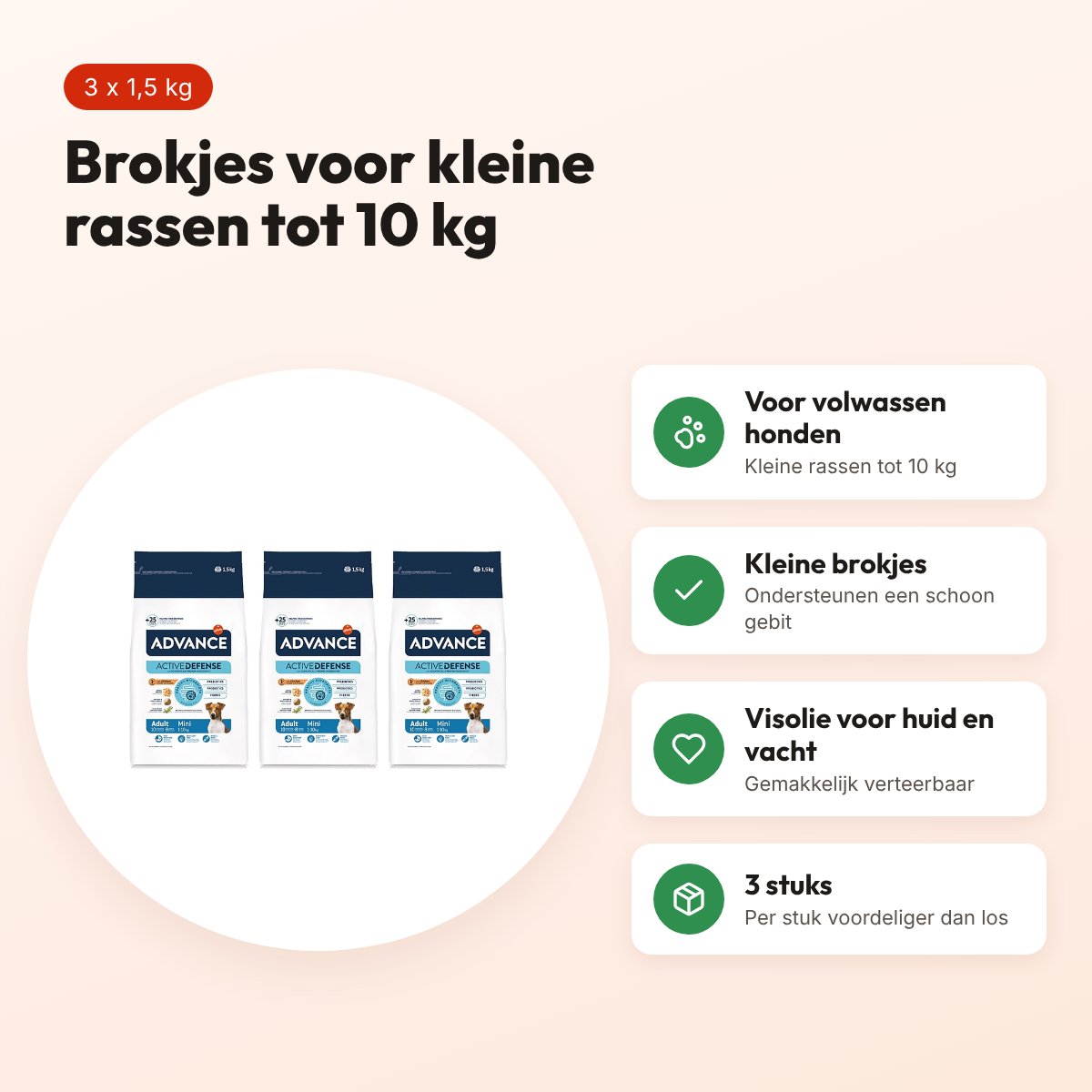 Advance hondenvoer Mini Adult kip en rijst 1,5 kg – multipack 3 stuks – voordelen