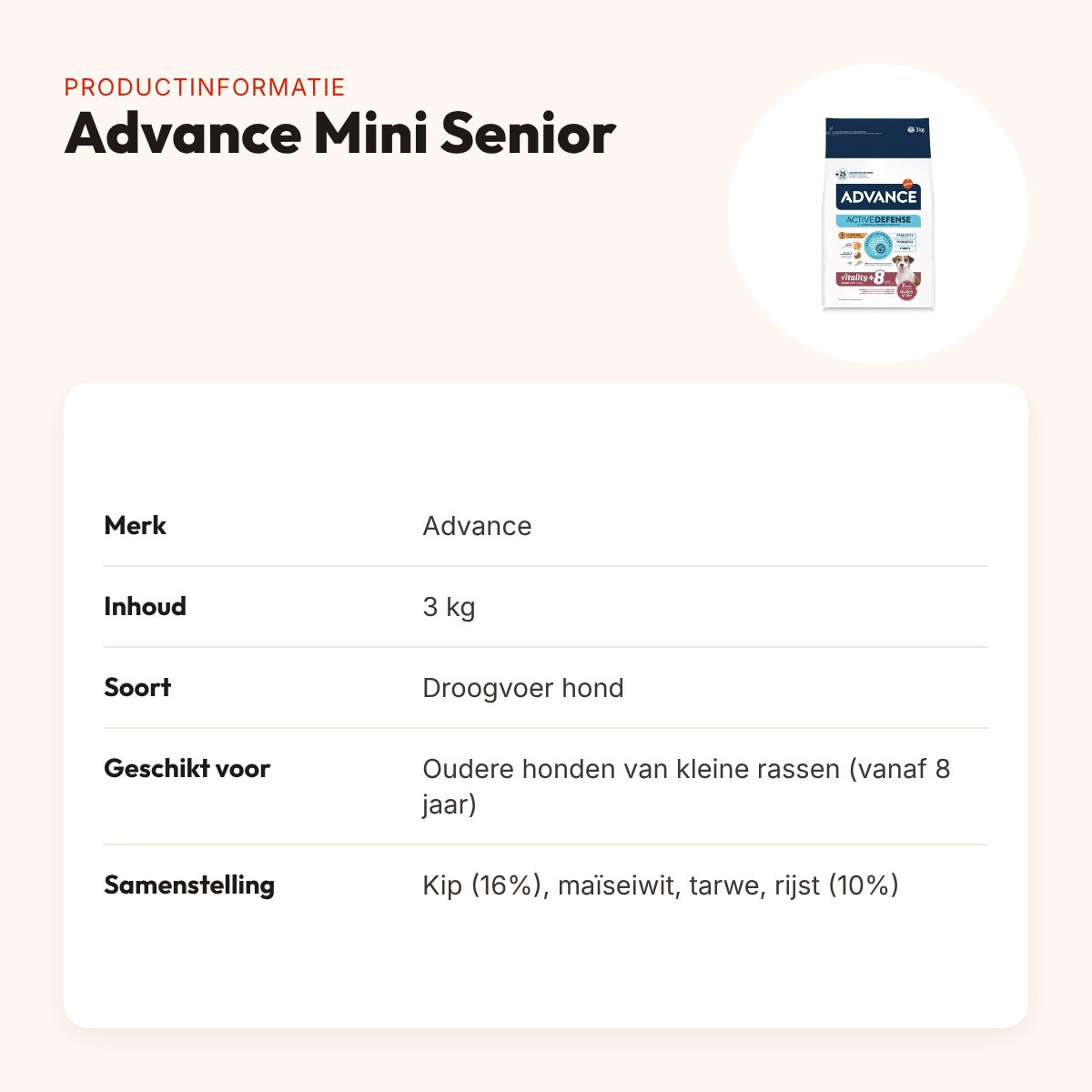 Advance hondenvoer Mini Senior 3 kg – licht verteerbaar, kleine rassen – productinformatie