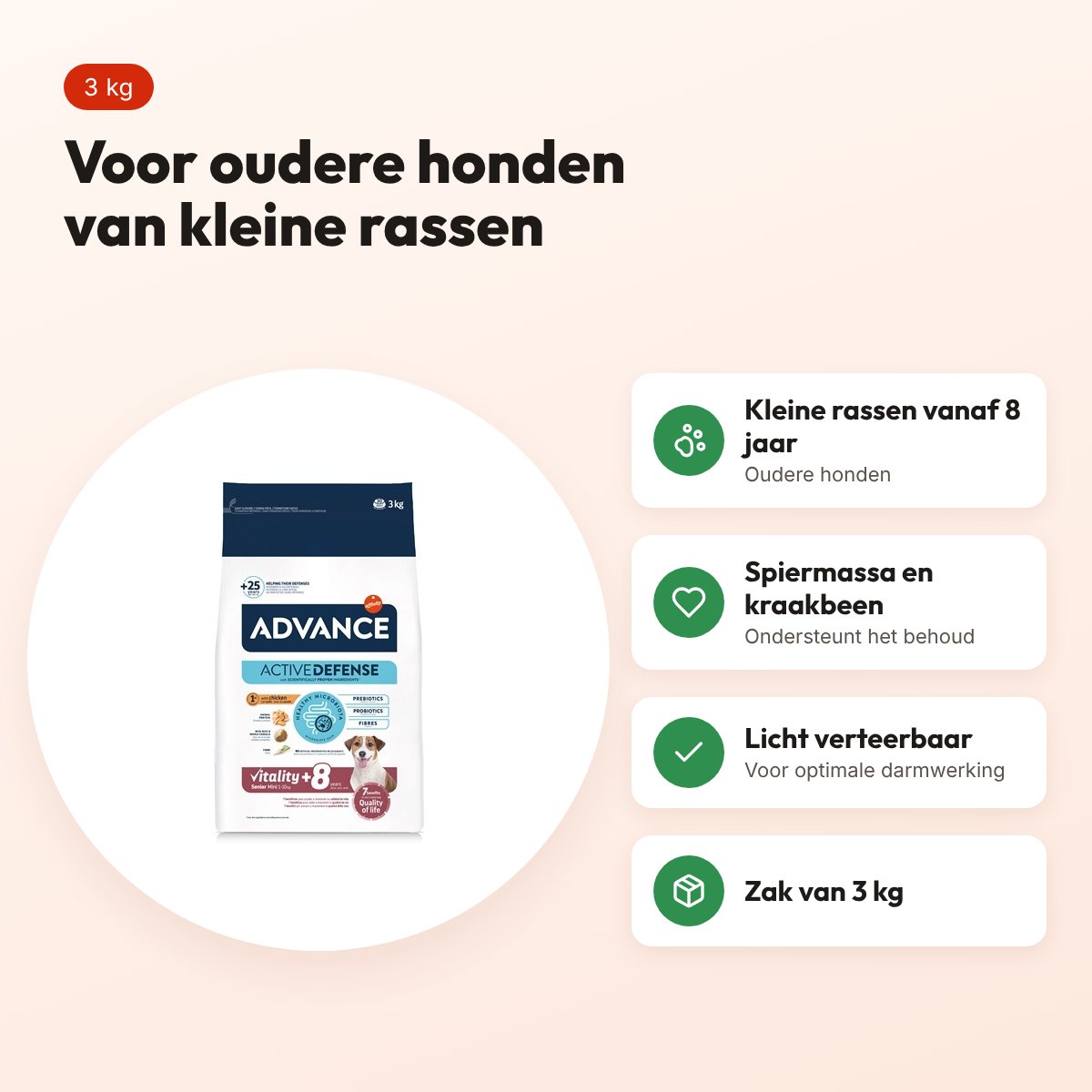Advance hondenvoer Mini Senior 3 kg – licht verteerbaar, kleine rassen – voordelen