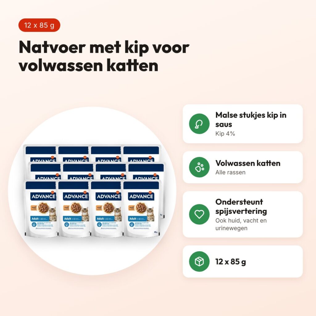 Advance kattenvoer Adult kip 12 x 85 g – natvoer voor volwassen katten – voordelen