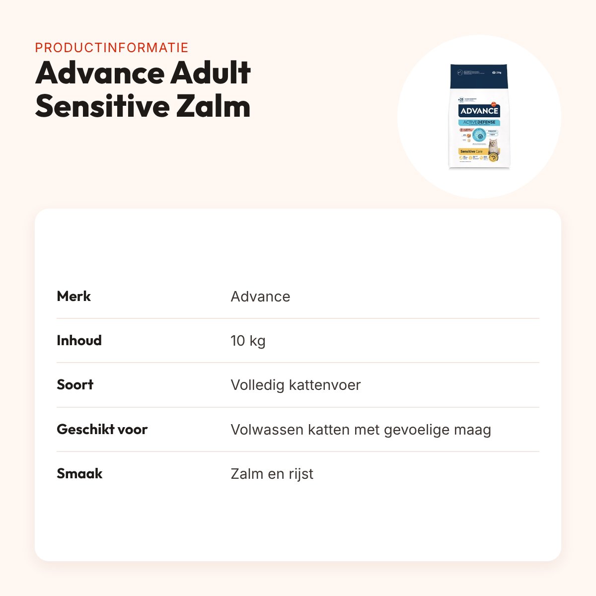 Advance kattenvoer Adult Sensitive Zalm 10 kg – gevoelige maag – productinformatie